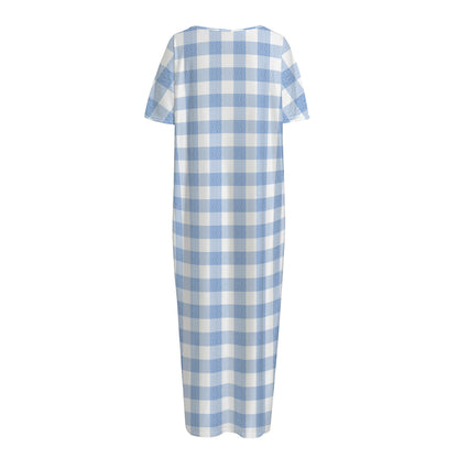Cornflower Blue And White Gingham Print Short Sleeve Long Nightdress