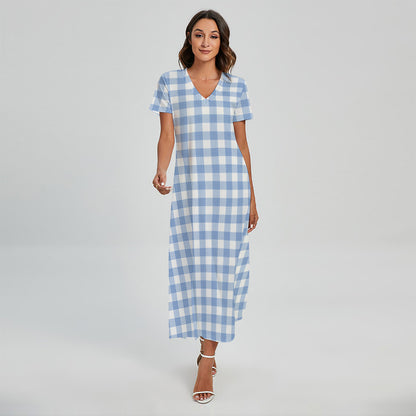 Cornflower Blue And White Gingham Print Short Sleeve Maxi Dress