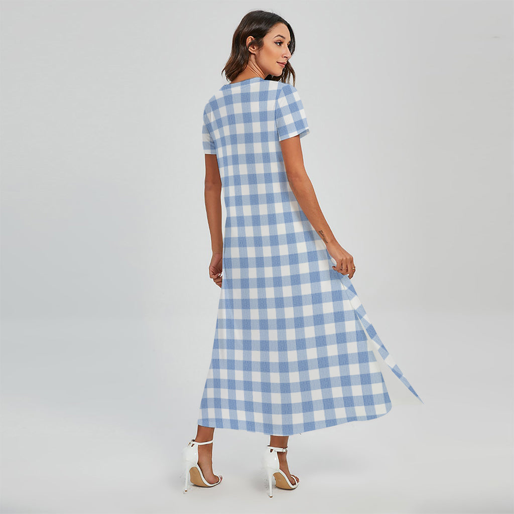 Cornflower Blue And White Gingham Print Short Sleeve Maxi Dress