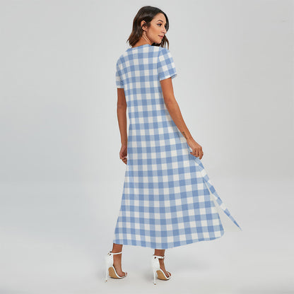 Cornflower Blue And White Gingham Print Short Sleeve Maxi Dress