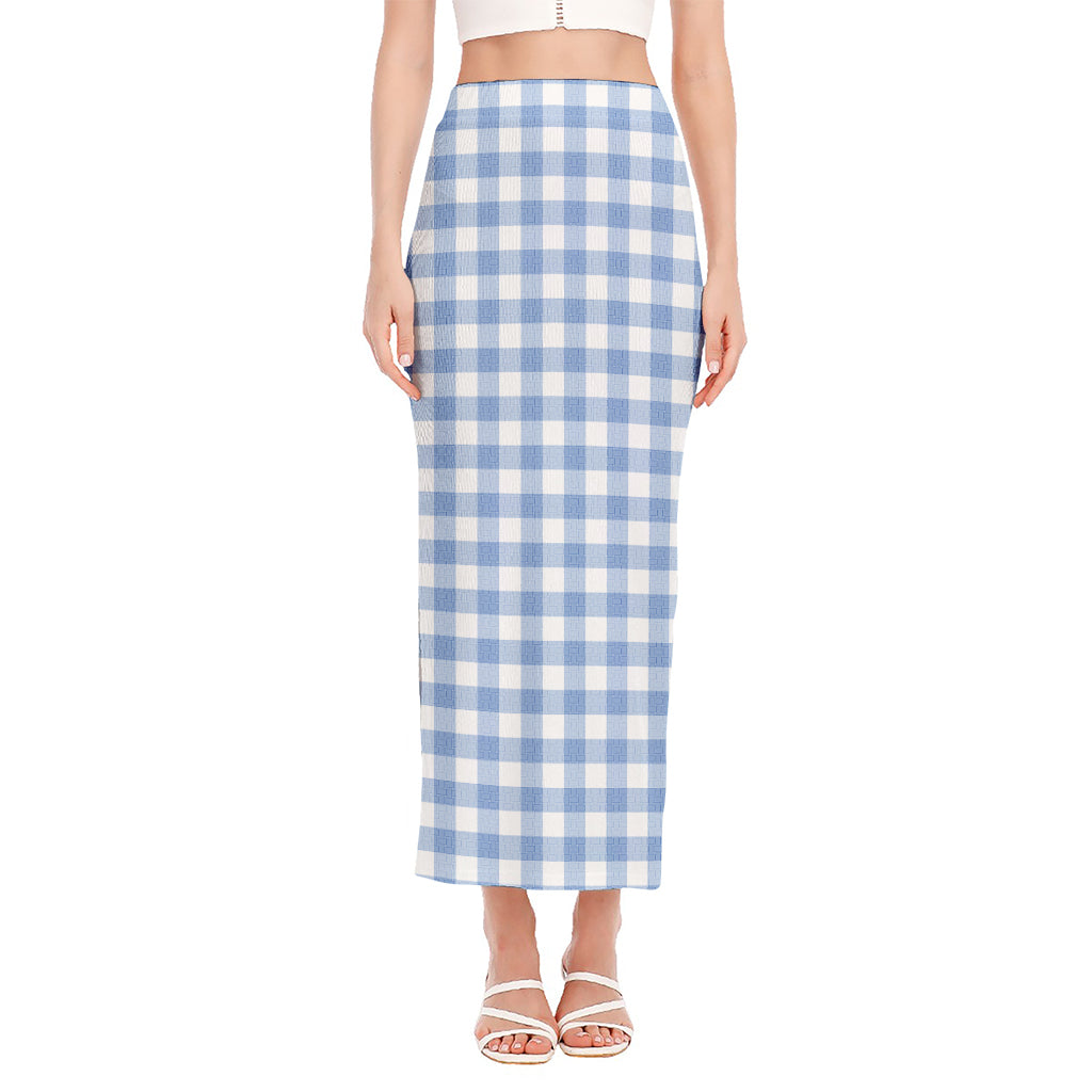 Cornflower Blue And White Gingham Print Side Slit Maxi Skirt