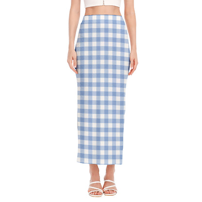 Cornflower Blue And White Gingham Print Side Slit Maxi Skirt