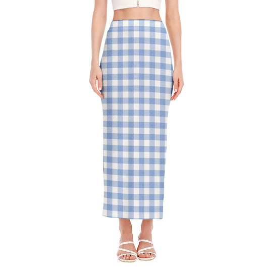Cornflower Blue And White Gingham Print Side Slit Maxi Skirt