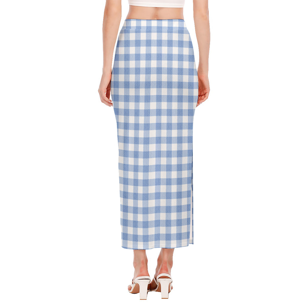 Cornflower Blue And White Gingham Print Side Slit Maxi Skirt