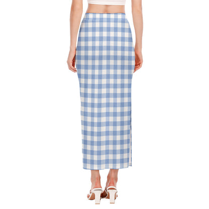 Cornflower Blue And White Gingham Print Side Slit Maxi Skirt