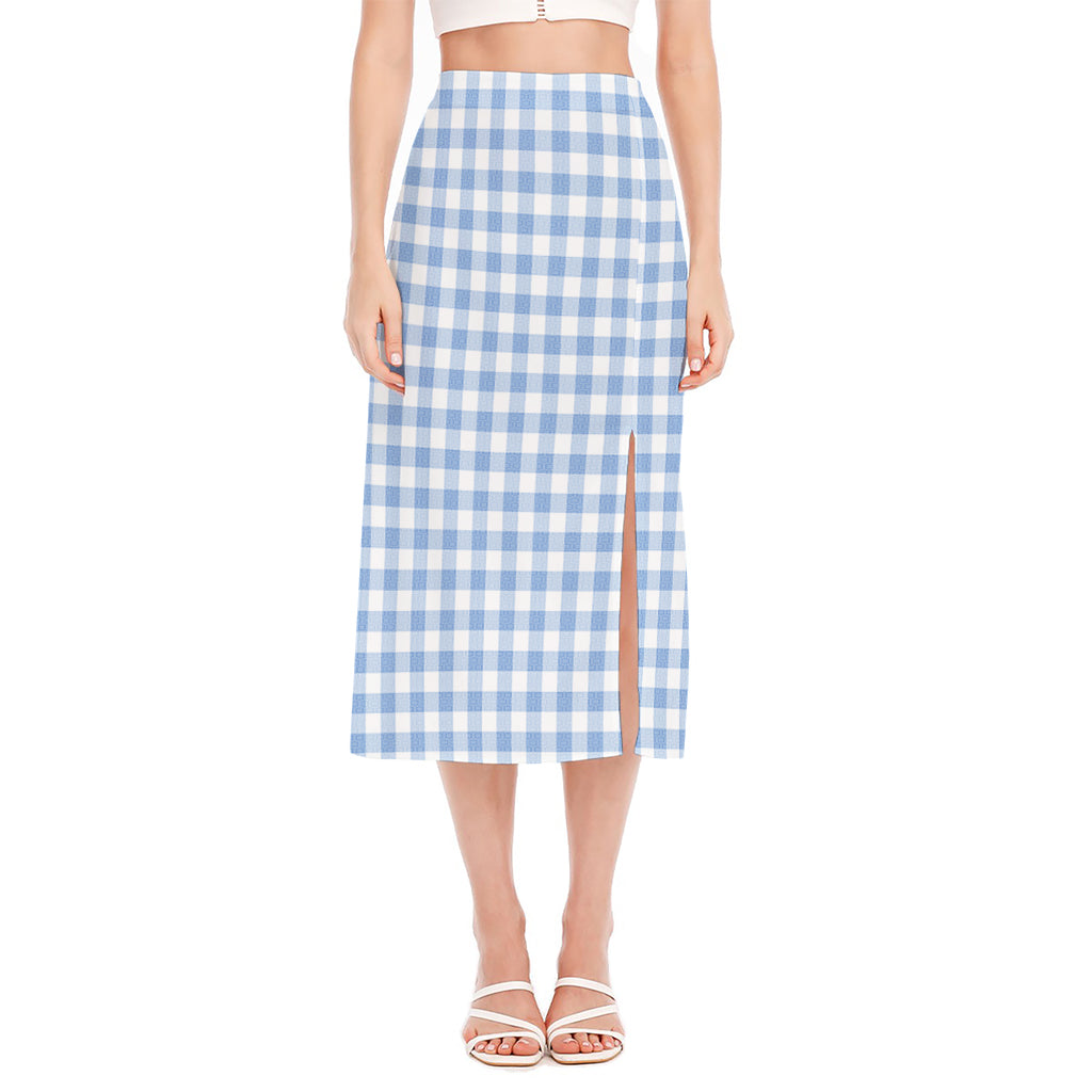 Cornflower Blue And White Gingham Print Side Slit Midi Skirt