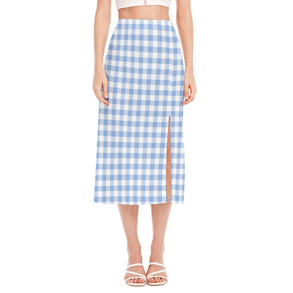 Cornflower Blue And White Gingham Print Side Slit Midi Skirt