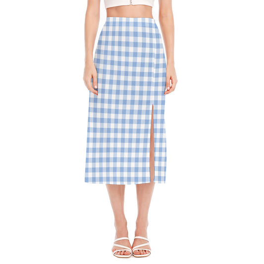 Cornflower Blue And White Gingham Print Side Slit Midi Skirt
