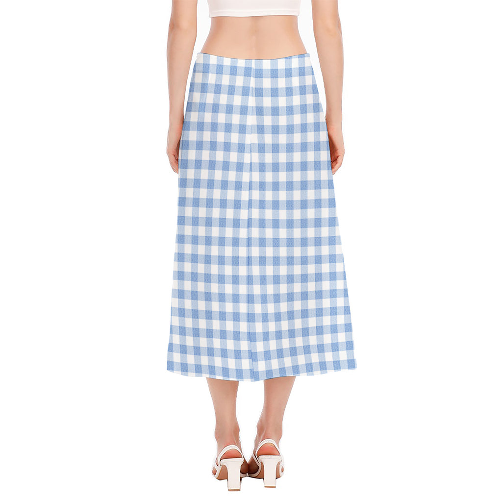 Cornflower Blue And White Gingham Print Side Slit Midi Skirt