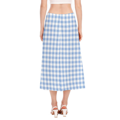 Cornflower Blue And White Gingham Print Side Slit Midi Skirt