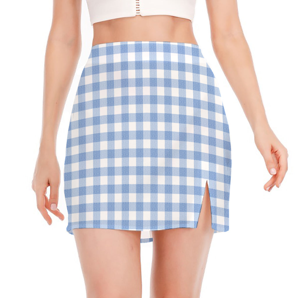 Cornflower Blue And White Gingham Print Side Slit Mini Skirt