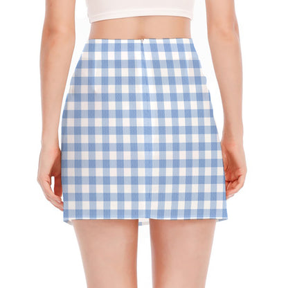 Cornflower Blue And White Gingham Print Side Slit Mini Skirt
