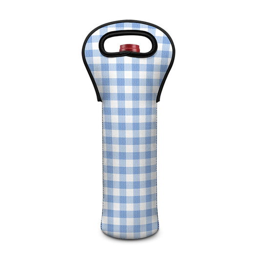 Cornflower Blue And White Gingham Print Single Neoprene Wine Tote
