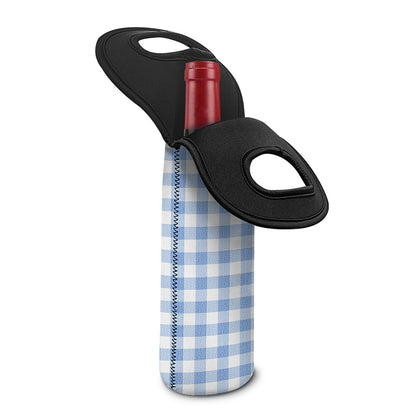Cornflower Blue And White Gingham Print Single Neoprene Wine Tote