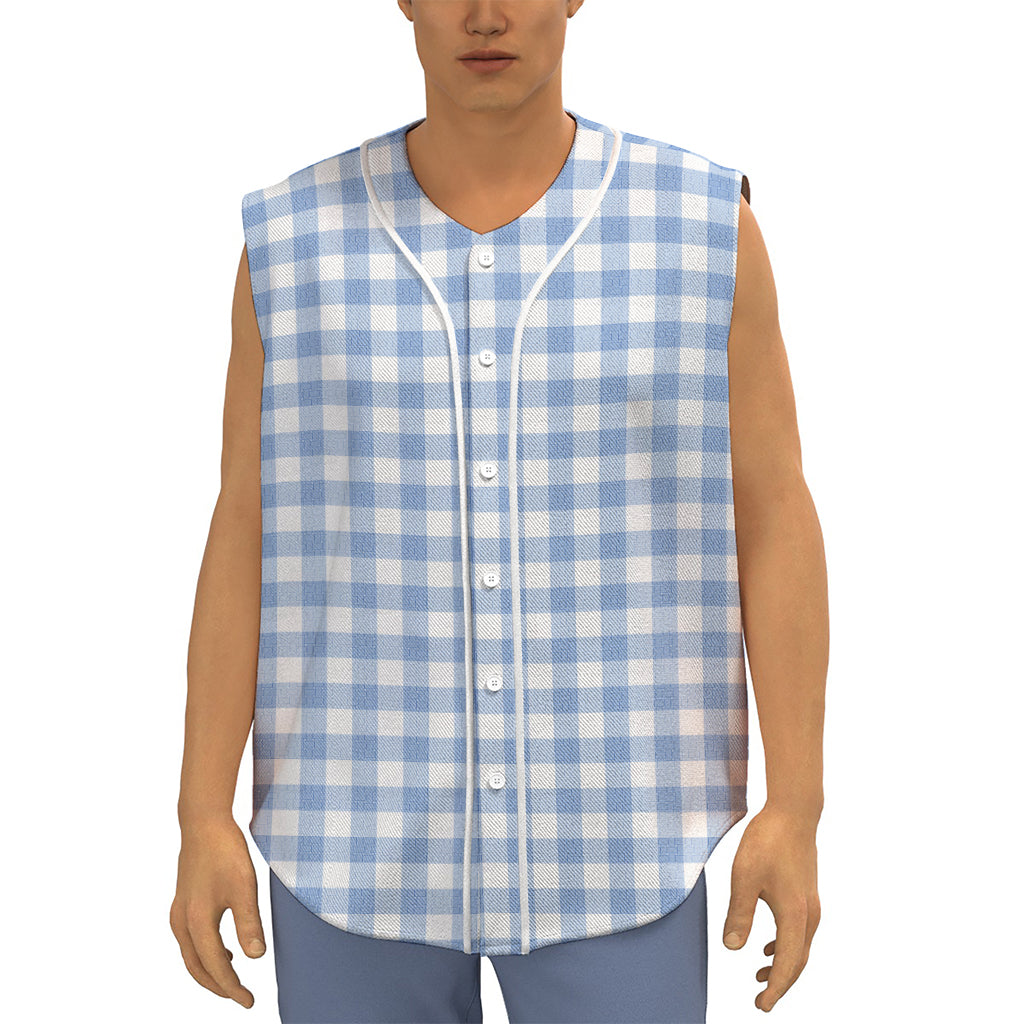 Cornflower Blue And White Gingham Print Sleeveless Baseball Jersey