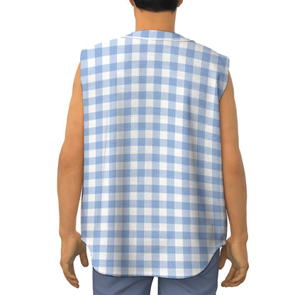Cornflower Blue And White Gingham Print Sleeveless Baseball Jersey