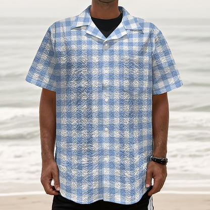 Cornflower Blue And White Gingham Print Textured Short Sleeve Shirt