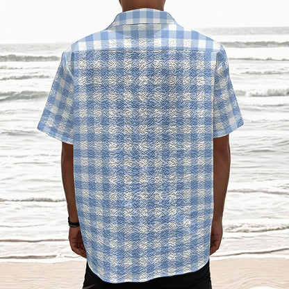 Cornflower Blue And White Gingham Print Textured Short Sleeve Shirt