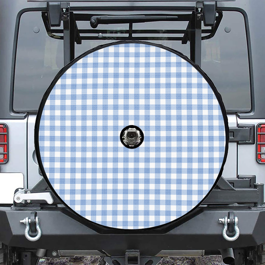 Cornflower Blue And White Gingham Print Tire Cover With Camera Hole