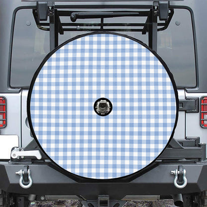 Cornflower Blue And White Gingham Print Tire Cover With Camera Hole