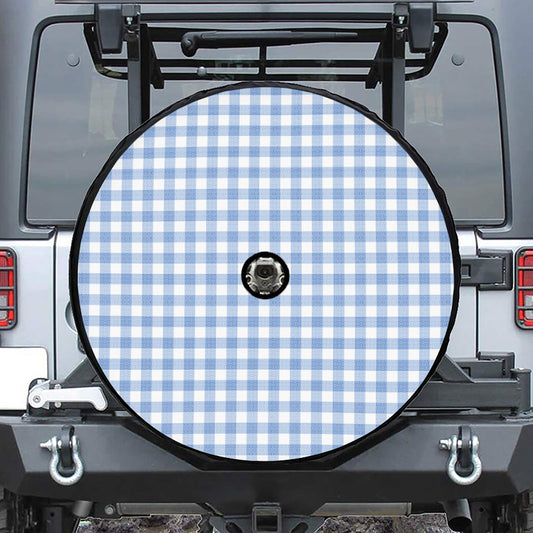 Cornflower Blue And White Gingham Print Tire Cover With Camera Hole