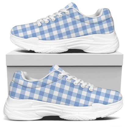 Cornflower Blue And White Gingham Print White Chunky Shoes