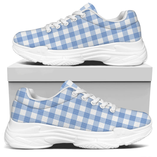 Cornflower Blue And White Gingham Print White Chunky Shoes