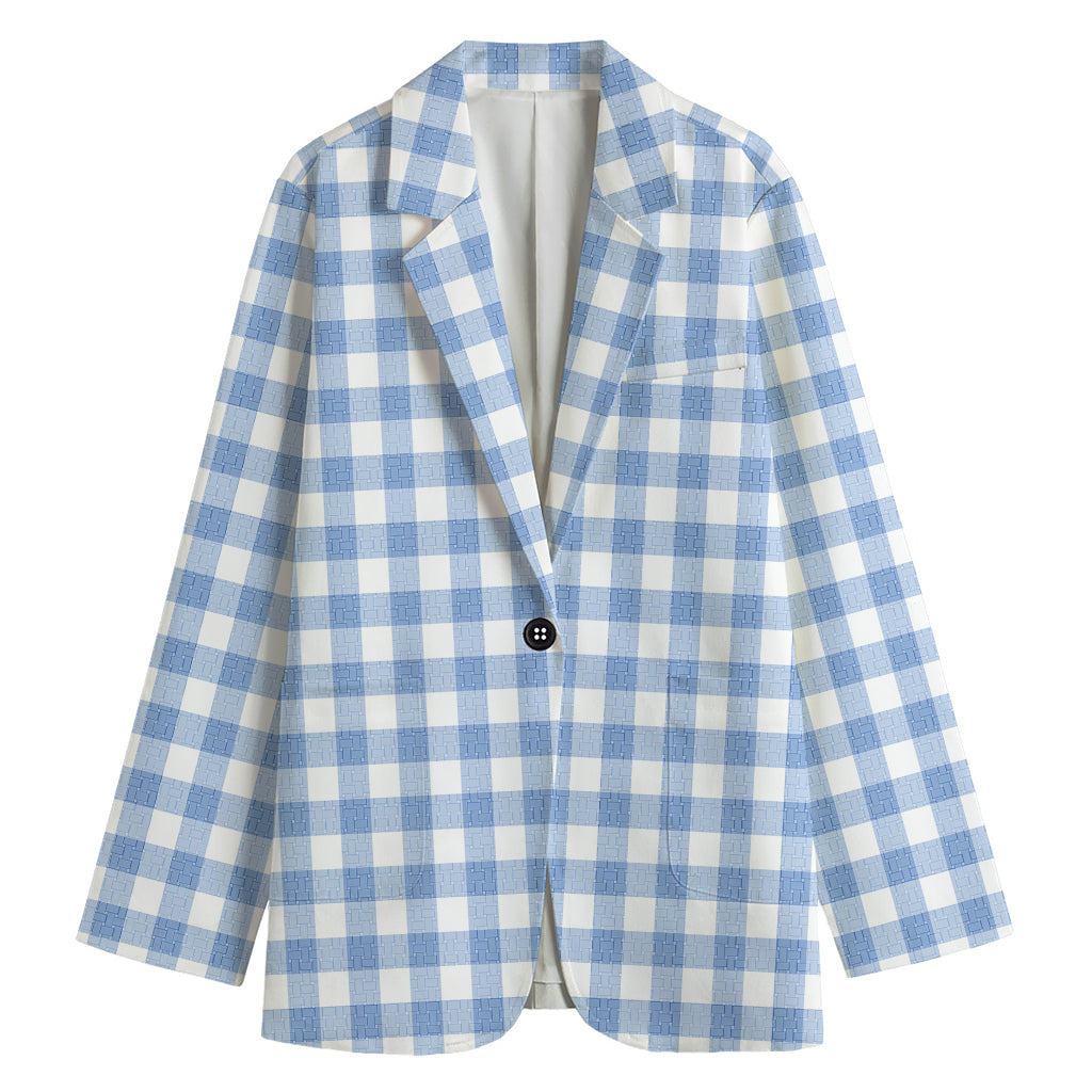 Cornflower Blue And White Gingham Print Women's Blazer