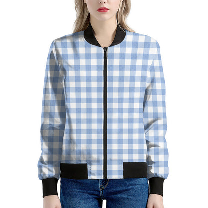 Cornflower Blue And White Gingham Print Women's Bomber Jacket