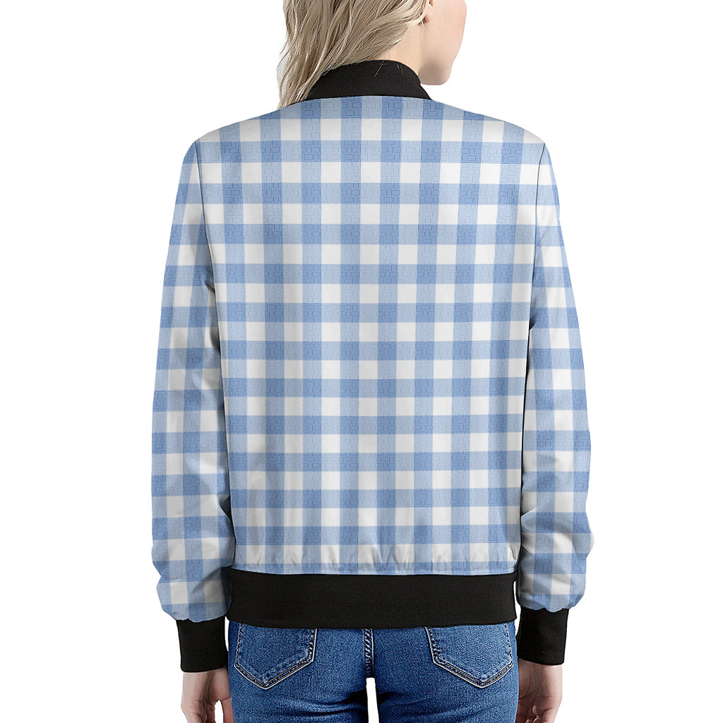 Cornflower Blue And White Gingham Print Women's Bomber Jacket