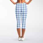 Cornflower Blue And White Gingham Print Women's Capri Leggings