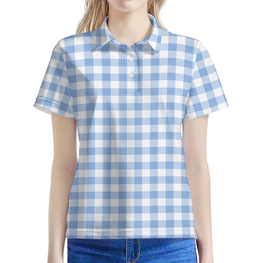 Cornflower Blue And White Gingham Print Women's Polo Shirt