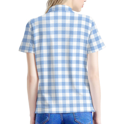 Cornflower Blue And White Gingham Print Women's Polo Shirt