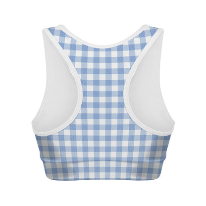 Cornflower Blue And White Gingham Print Women's Sports Bra