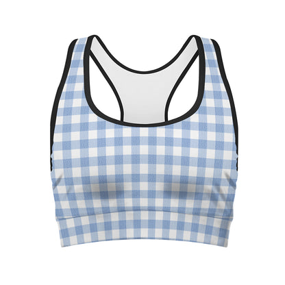 Cornflower Blue And White Gingham Print Women's Sports Bra