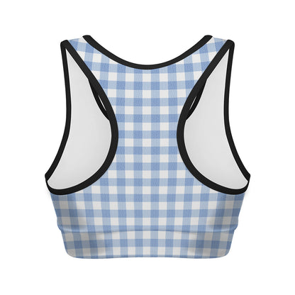 Cornflower Blue And White Gingham Print Women's Sports Bra