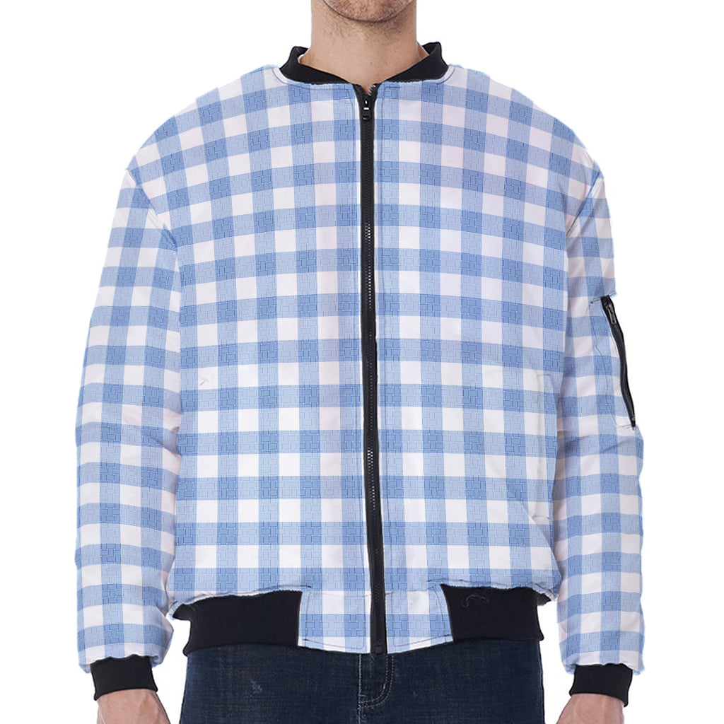 Cornflower Blue And White Gingham Print Zip Sleeve Bomber Jacket