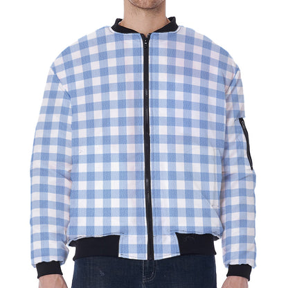 Cornflower Blue And White Gingham Print Zip Sleeve Bomber Jacket