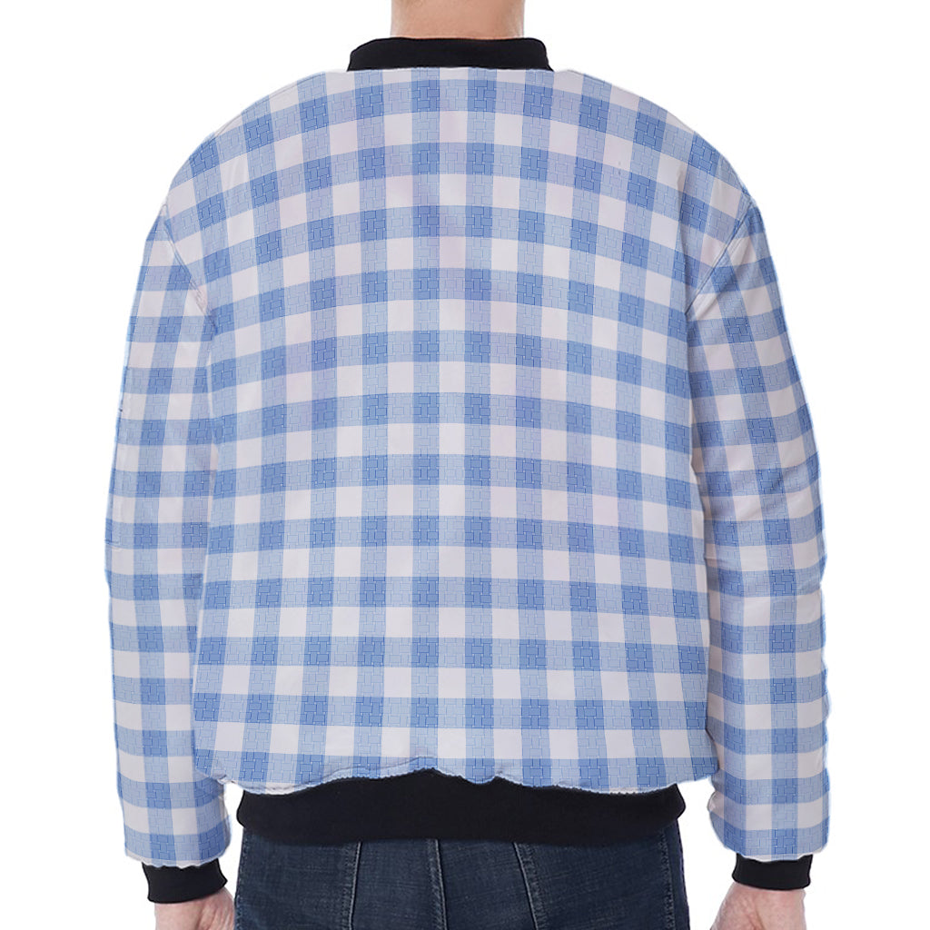 Cornflower Blue And White Gingham Print Zip Sleeve Bomber Jacket