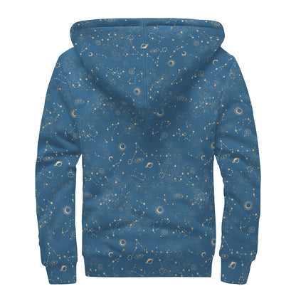 Cosmic Constellation Pattern Print Sherpa Lined Zip Up Hoodie