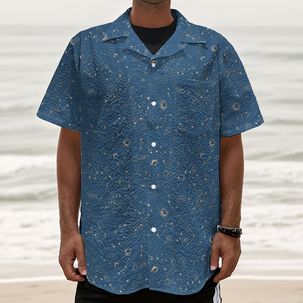Cosmic Constellation Pattern Print Textured Short Sleeve Shirt