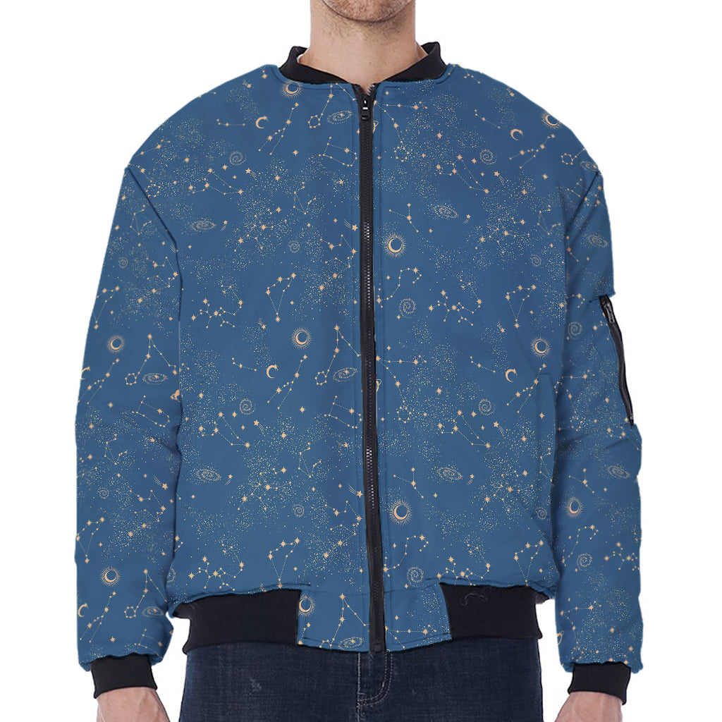 Cosmic Constellation Pattern Print Zip Sleeve Bomber Jacket