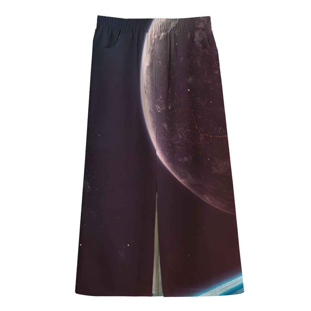 Cosmic Space Print Cotton Front Slit Maxi Skirt