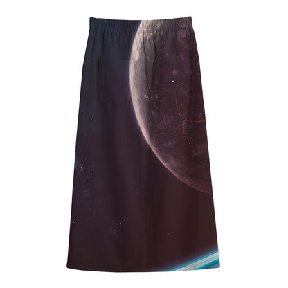 Cosmic Space Print Cotton Front Slit Maxi Skirt