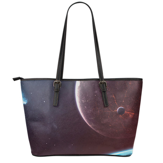 Cosmic Space Print Leather Tote Bag