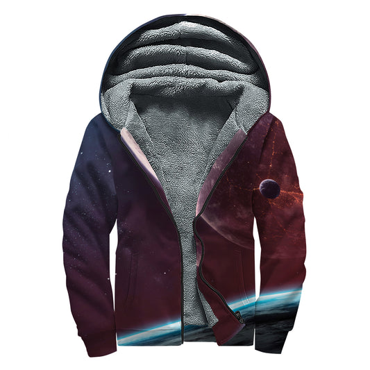 Cosmic Space Print Sherpa Lined Zip Up Hoodie