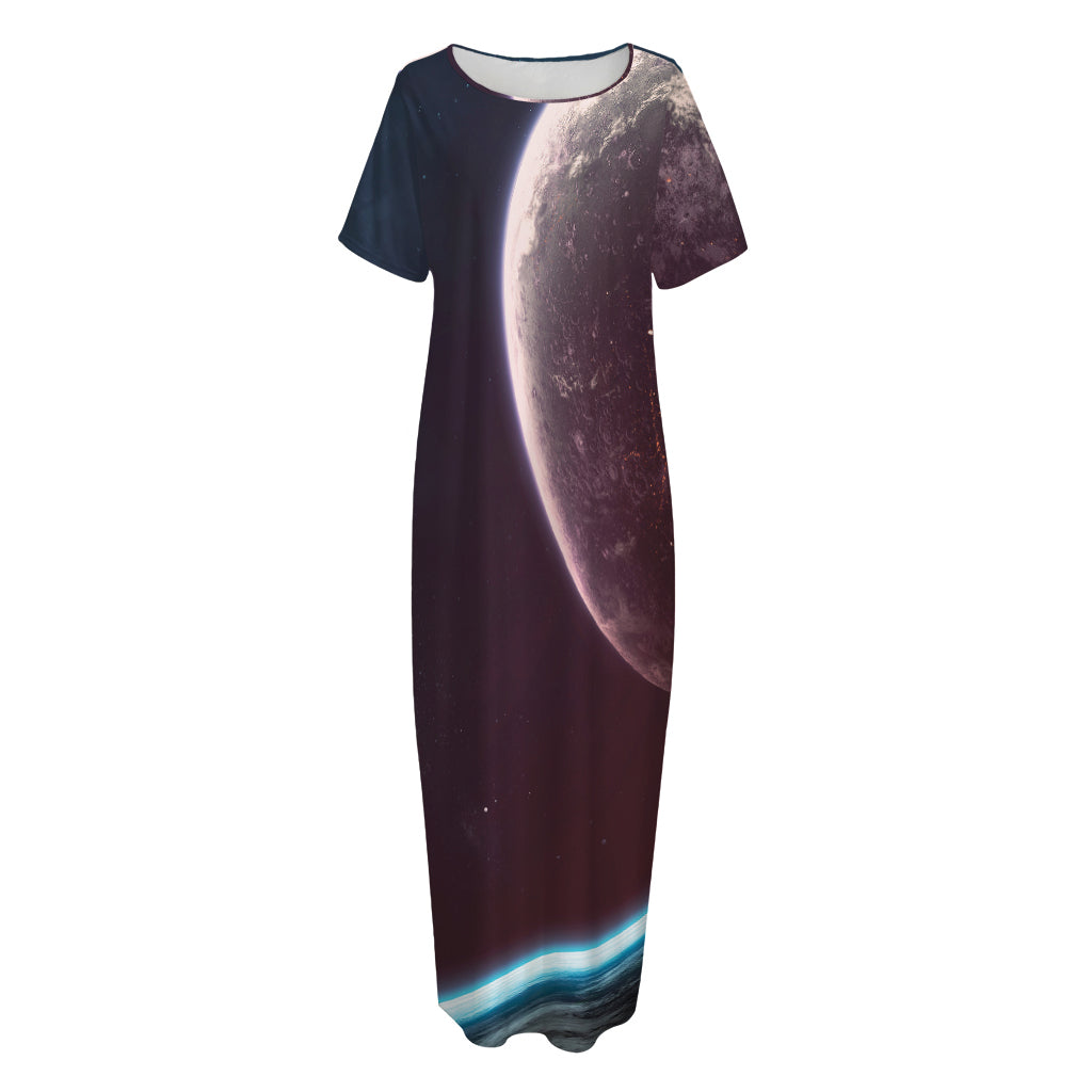 Cosmic Space Print Short Sleeve Long Nightdress