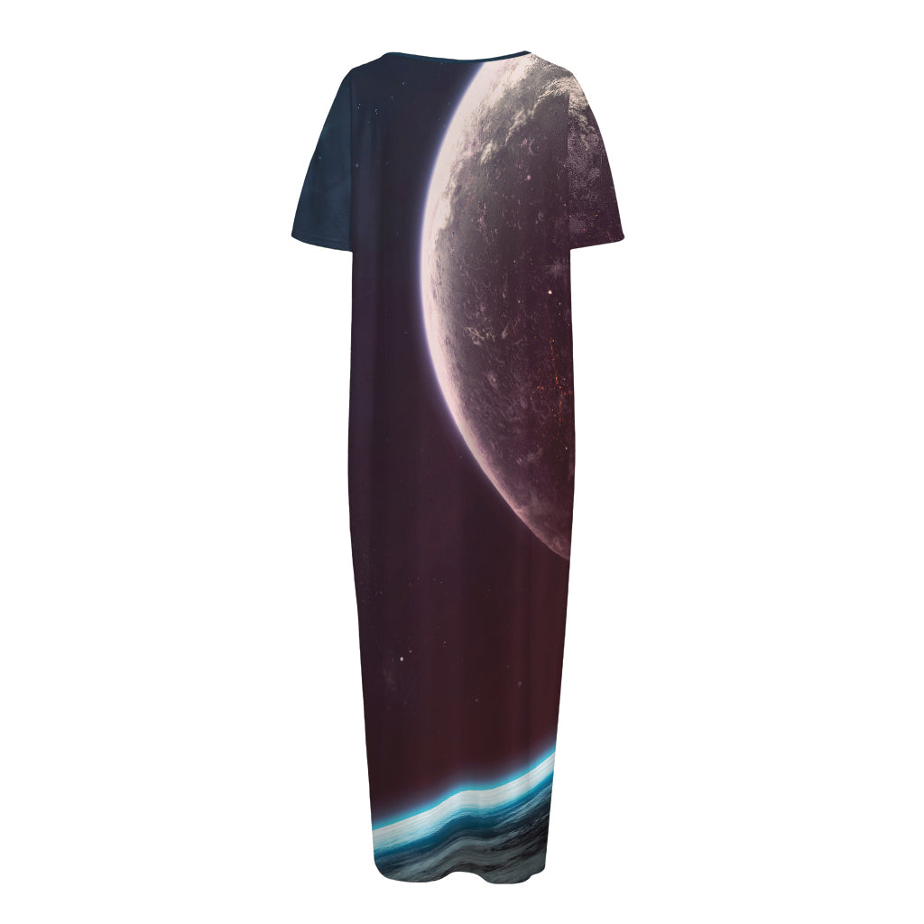 Cosmic Space Print Short Sleeve Long Nightdress