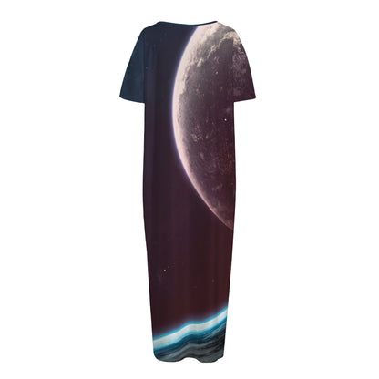 Cosmic Space Print Short Sleeve Long Nightdress
