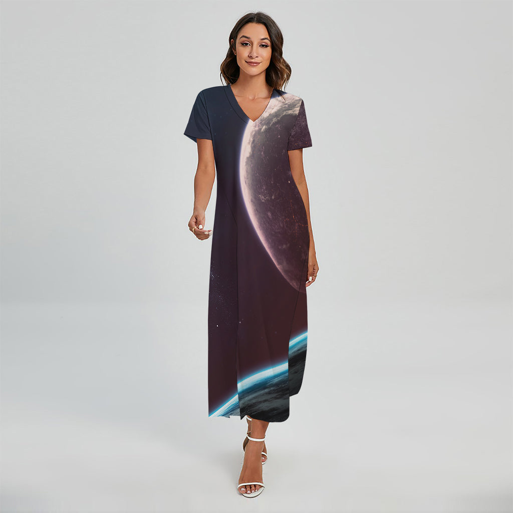 Cosmic Space Print Short Sleeve Maxi Dress